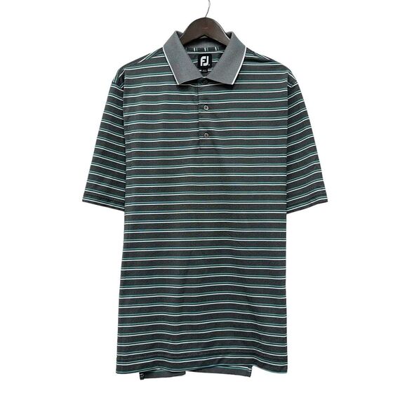 Footjoy FJ Mens Golf Polo Shirt Black & Green Striped 100% Polyester Size XL guc - Picture 1 of 9
